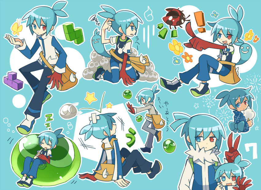 1boy antenna_hair asymmetrical_arms blue_background blue_eyes blue_hair bonk bug collage cotton_candy dadadanoda deformed flower_symbol heterochromia insect ladybug male_focus mega_sig mini_sig motion_lines multiple_views outline oversized_limbs puyopuyo puyopuyo_20th_anniversary puyopuyo_7 puyopuyo_quest puyopuyo_tetris red_eyes scratching_head short_hair sig_(puyopuyo) sig_(yukata)_(puyopuyo) star_(symbol) tetromino white_outline zzz