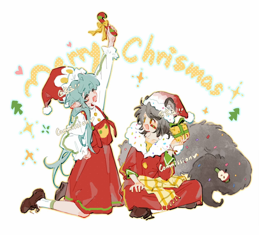 2girls animal bad_tag blush fur-trimmed gift hat highres holding indian low multiple_girls non-web_source pointy pom raccoon red_hat red_skirt santa shirt skirt