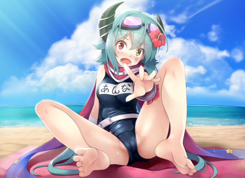 1girl anna_(princess_connect!) anna_(summer)_(princess_connect!) aqua_hair arm_support barefoot beach beach_towel black_horns blue_one-piece_swimsuit blue_scarf blue_sky blush breasts cameltoe cloud cloudy_sky commentary day demon_horns feet flower full_body goggles goggles_on_head gradient_scarf hair_between_eyes hair_flower hair_ornament heterochromia horns knees_up legs lily_(flower) long_hair looking_at_viewer lower_teeth_only medium_breasts mofu_namako name_tag official_alternate_costume on_ground one-piece_swimsuit open_mouth outdoors outstretched_arm partially_visible_vulva princess_connect! purple_scarf red_eyes red_scarf scarf school_swimsuit shadow sitting sky soles solo swimsuit teeth thighs tinted_eyewear toe_scrunch toenails toes towel very_long_hair wet