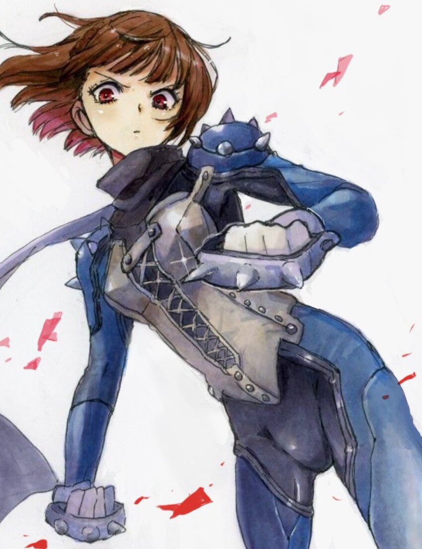 1girl birthday black_scarf blue_bodysuit blunt_bangs bodysuit brown_hair closed_mouth commentary_request cowboy_shot fighting_stance floating_hair glint gloves highres kanna_nijiniji long_sleeves looking_at_viewer niijima_makoto persona persona_5 red_eyes scarf serious short_hair shoulder_pads shoulder_spikes simple_background solo spiked_knuckles spikes traditional_media white_gloves