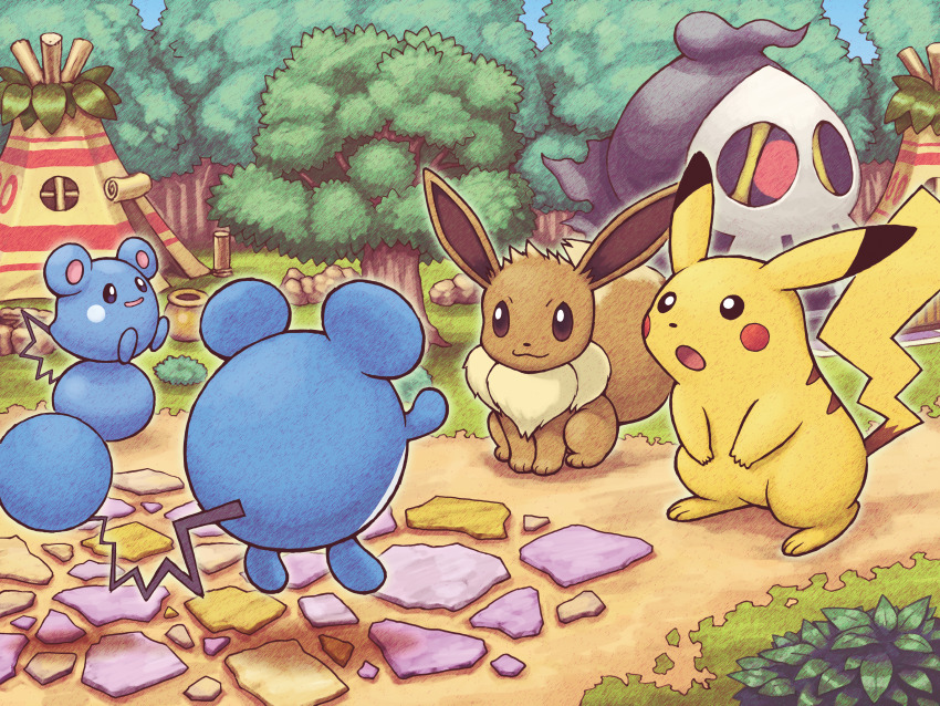 absurdres azurill duskull eevee gen_1_pokemon gen_2_pokemon gen_3_pokemon grass highres marill nintendo no_humans official_art open_mouth outdoors path pikachu pokemon pokemon_(creature) pokemon_mystery_dungeon pokemon_mystery_dungeon:_explorers_of_time/darkness/sky road teepee tree