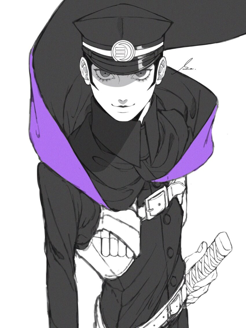 1boy belt black_cape black_hair black_hat cape devil_summoner:_raidou_kuzunoha_vs_the_soulless_army devil_summoner_(series) eyelashes floating_cape gakuran grey_eyes hand_on_hilt hat highres holding holding_sword holding_weapon katana kuzunoha_raidou long_sleeves looking_at_viewer male_focus peaked_cap purple_cape s_ir_s school_uniform sheath sheathed short_hair sideburns smile solo sword two-sided_cape two-sided_fabric upper_body weapon white_belt