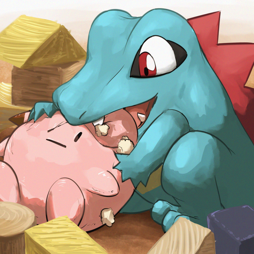 absurdres biting blue_skin clefairy colored_skin gen_1_pokemon gen_2_pokemon highres nintendo no_humans pokemon pokemon_(creature) red_eyes sharp_teeth solo spicyichizo stuffed_toy teeth totodile toy_block