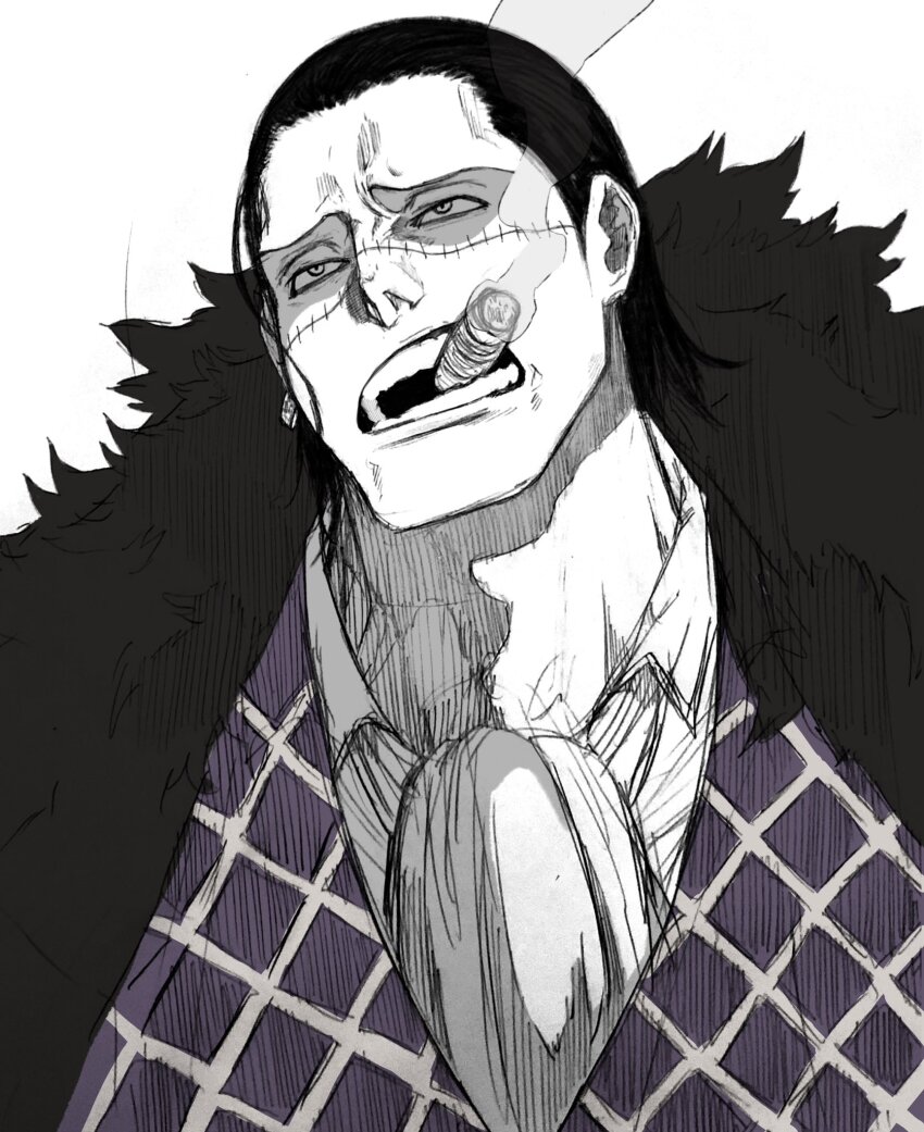 1boy ascot bake_ryori cigar coat commentary crocodile_(one_piece) earrings fur-trimmed_coat fur_trim hair_slicked_back highres jewelry limited_palette looking_ahead male_focus one_piece open_mouth purple_vest short_hair single_earring smoke solo symbol-only_commentary upper_body vest