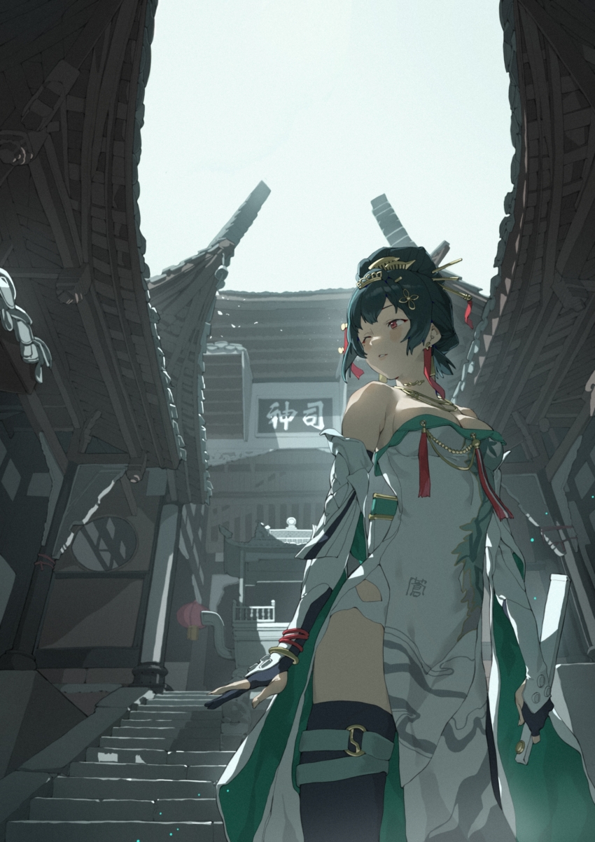 1girl absurdres architecture armpit_crease bare_shoulders black_thighhighs bracelet breasts chain chain_necklace chinese_clothes chinese_hairpin cleavage cowboy_shot detached_sleeves dress earrings east_asian_architecture folding_fan from_below gloves hair_ornament hair_stick hand_fan hanying:_zitherwoe_(pgr) hanying_(pgr) highres holding holding_fan jewelry lantern looking_to_the_side medium_breasts nainainainainaiya necklace off_shoulder one_eye_closed paper_lantern partially_fingerless_gloves punishing:_gray_raven red_eyes side_slit skindentation solo stairs stone_stairs tassel tassel_earrings temple thigh_strap thighhighs thighs tile_roof very_long_sleeves white_dress wooden_beam wuxia
