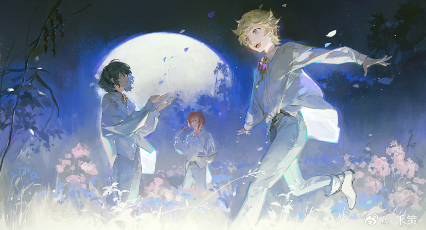 3boys absurdres aoba_tsugumi belt blonde_hair blue_hair ensemble_stars! flower harukawa_sora highres male_focus moon multiple_boys night noland red_hair sakasaki_natsume short_hair switch_(ensemble_stars!)