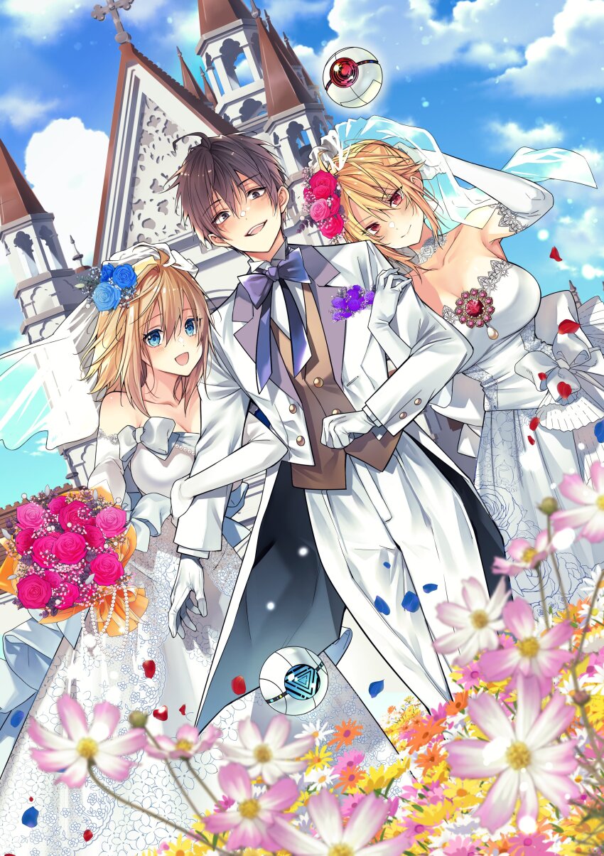1boy 2girls absurdres ahoge angelica_rapha_redgrave black_hair blonde_hair blue_eyes blue_flower blue_petals blue_rose bouquet bow breasts bridal_veil buttons church cleare_(mobseka) closed_mouth cloud collarbone dress elbow_gloves floral_print flower gloves grey_eyes hair_between_eyes hair_flower hair_ornament highres husband_and_wives large_breasts leon_fou_bartfort luxion_(mobseka) multiple_girls official_art olivia_(mobseka) open_mouth orange_flower otome_game_sekai_wa_mob_ni_kibishii_sekai_desu pants pink_eyes pink_flower pink_rose polygamy purple_flower purple_rose red_eyes red_petals rose shiosato_jun sky smile strapless strapless_dress veil vest waistcoat wedding wedding_dress white_bow white_dress white_flower white_gloves white_pants yellow_flower