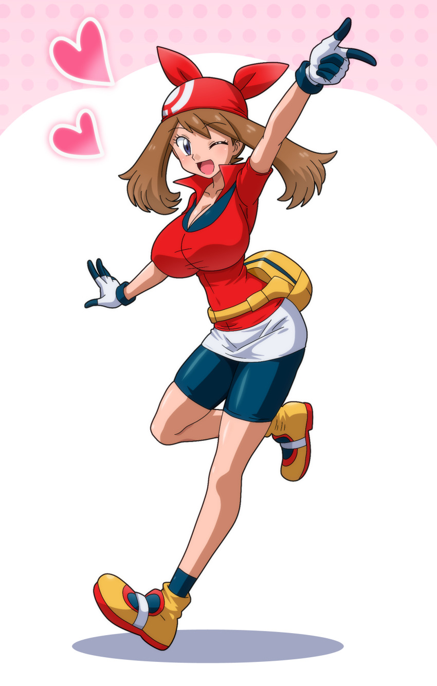 1girl arm_up bandana bike_shorts bow_hairband breasts brown_hair cleavage commission covered_navel gloves hairband heart highres hitokiwa_kenchin large_breasts legs may_(pokemon) nintendo one_eye_closed pixiv_commission pokemon pokemon_rse red_bandana red_hairband red_shirt shirt short_hair shorts_under_shorts smile thighs wink
