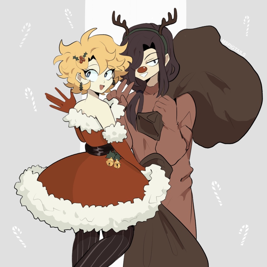 2boys antlers bad_link bare_shoulders black_hair blonde_hair christmas cosplay crossdressing dress hair_ornament highres horns long_hair male_focus multiple_boys open_mouth original red_dress roland_(ms_pigtails) rudolph_the_red_nosed_reindeer rudolph_the_red_nosed_reindeer_(cosplay) santa_costume santa_dress sergey_(ms_pigtails) short_hair sky_guy_art smile socks trap