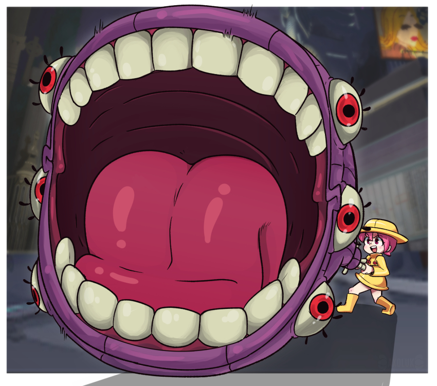 1girl axoluk billboard blush_stickers boots border city full_body hat highres holding holding_umbrella hungern_(skullgirls) open_mouth pink_eyes pink_hair raincoat red_eyes short_hair skullgirls smile solo tongue tongue_out tree umbrella umbrella_(skullgirls) white_border