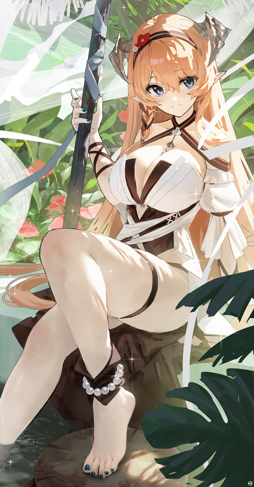 1girl absurdres ankle_wrap anklet arknights bare_shoulders barefoot bead_anklet beads black_nails black_one-piece_swimsuit blonde_hair blue_eyes breasts cleavage closed_mouth commentary_request criss-cross_halter dragon_horns feet fingernails forward-facing_horns grey_horns hair_between_eyes halterneck highres holding horns jewelry large_breasts looking_at_viewer nail_polish official_alternate_costume on_rock one-piece_swimsuit outdoors pointy_ears saileach_(arknights) saileach_(summer_flowers)_(arknights) sitting skindentation smile songchuan_li sparkle sparkling_aura swimsuit thigh_strap toenail_polish toenails toes white_background