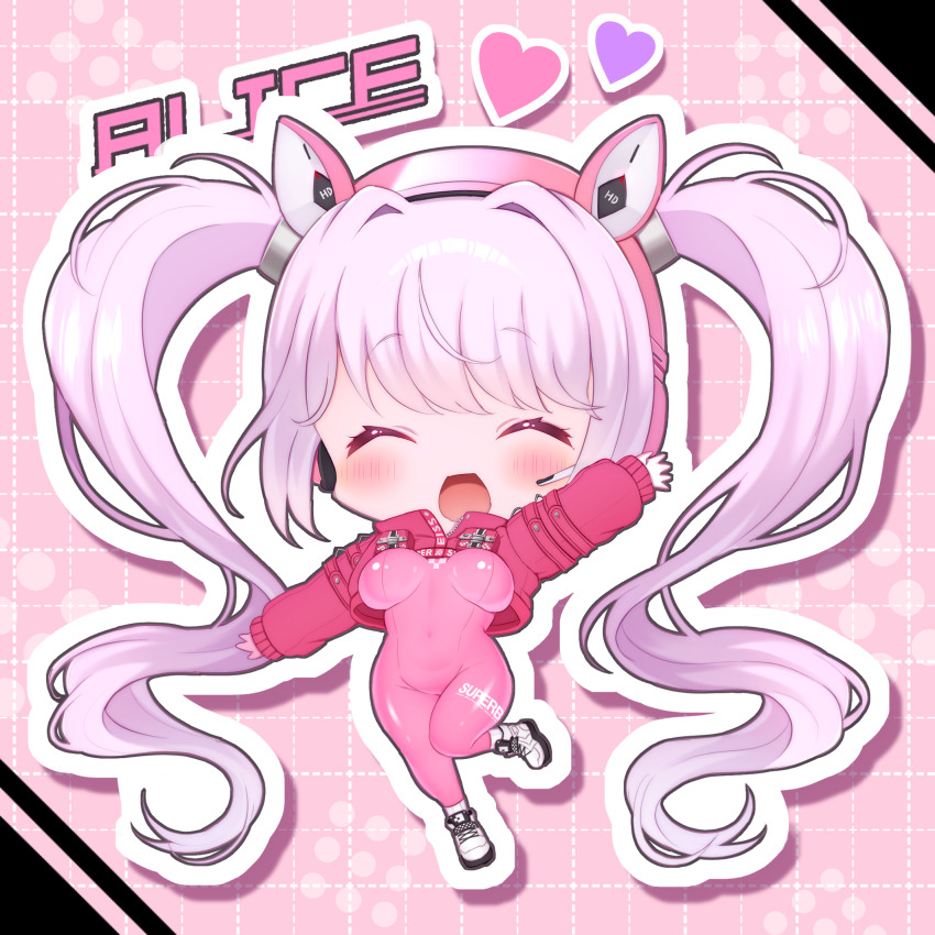 17ho_10ban 1girl alice_(nikke) animal_ear_headphones animal_ears blush bodysuit breasts chibi closed_eyes covered_navel fake_animal_ears full_body gloves goddess_of_victory:_nikke headphones headset highres impossible_bodysuit impossible_clothes jacket large_breasts latex latex_bodysuit long_hair multicolored_gloves open_mouth pink_bodysuit pink_gloves pink_hair shrug_(clothing) simple_background skin_tight smile solo twintails