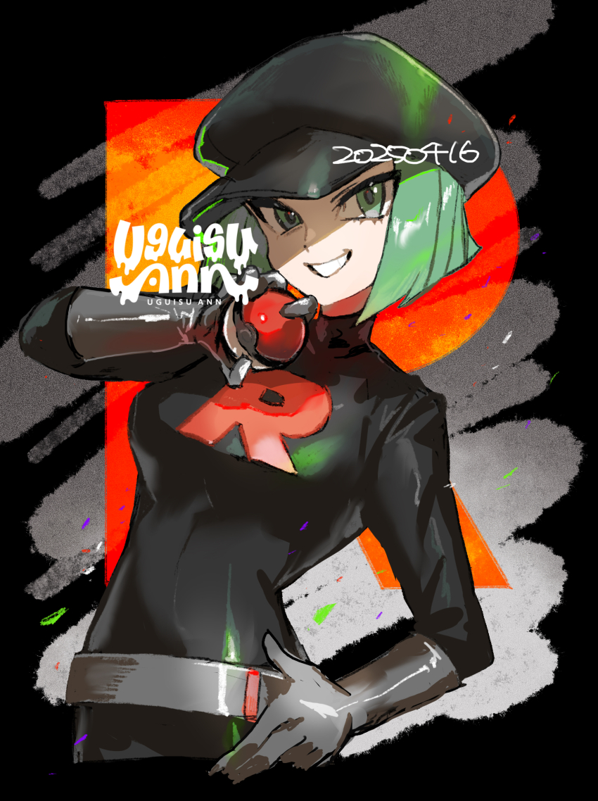 1girl belt black_dress black_hat commentary_request dated dress gloves green_eyes green_hair grey_belt grey_gloves grin hand_on_own_hip hand_up hat highres holding holding_poke_ball logo looking_at_viewer nintendo poke_ball poke_ball_(basic) pokemon pokemon_frlg short_hair smile solo team_rocket team_rocket_grunt team_rocket_uniform teeth uguisu_ann