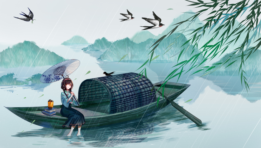 1girl absurdres ahoge bird black_hair black_skirt boat book braid branch brown_eyes china_dress chinese_clothes closed_mouth commentary day dress green_theme grey_sky hair_ornament hairband highres holding holding_umbrella jamjar77 landscape lantern mountain oar oil-paper_umbrella outdoors rain reflection rowboat sitting skirt sky smile umbrella vocaloid vocanese vsinger_(vocaloid) water watercraft yuezheng_ling