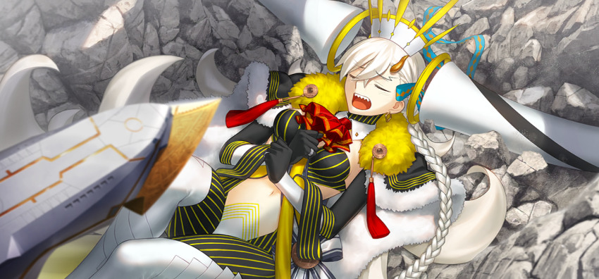 1girl aircraft airship ascot black_gloves blush braid breasts cape closed_eyes clothing_cutout day detached_horns e-grand_marie earrings fate/grand_order fate_(series) feet_out_of_frame fur-trimmed_cape fur_trim game_cg gloves hair_between_eyes hair_ribbon horns huge_horns jewelry large_variant_set long_hair long_horns lying navel official_art olga_marie_animusphere on_back on_ground open_mouth outdoors red_ascot ribbon rock sharp_teeth side_braid solo stomach_cutout storm_border striped_bodysuit takeuchi_takashi teeth third-party_source u-olga_marie variant_set very_long_hair white_hair yellow_horns