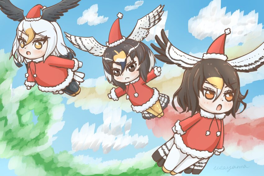 3girls alternate_costume bald_eagle_(kemono_friends) bird_girl bird_wings black_hair black_pantyhose blonde_hair blush brown_eyes brown_hair bubo_picta flying hair_between_eyes hat head_wings highres kemono_friends long_hair matching_outfits multicolored_hair multiple_girls northern_goshawk_(kemono_friends) open_mouth orange_eyes panties pantyhose peregrine_falcon_(kemono_friends) santa_costume santa_hat shoes short_hair sidelocks underwear white_hair white_panties wings yellow_pantyhose yellow_shoes