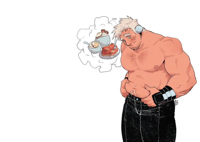 1boy bara belly belly_grab facial_hair fat fat_man fat_rolls feet_out_of_frame from_side goatee_stubble highres large_pectorals livio_the_doublefang long_sideburns male_focus mature_male muscular muscular_male mustache_stubble navel navel_hair nervous_sweating nipples pectorals renny_(renny_rose) short_hair sideburns solo sparse_chest_hair speech_bubble stomach strongman_waist stubble sweat thick_eyebrows thought_bubble topless_male trigun trigun_maximum weight_conscious weight_gain white_hair