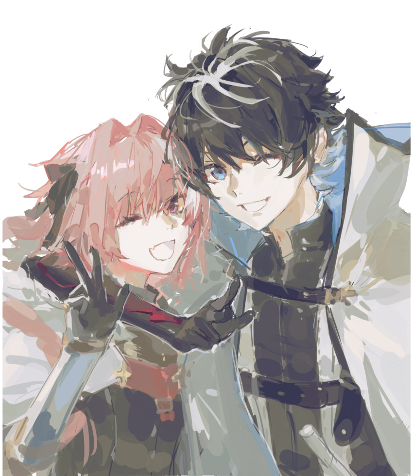 2boys absurdres astolfo_(fate) black_bow black_hair blue_eyes bow cape charlemagne_(fate) charlemagne_(first_ascension)_(fate) fang fate/extella fate/extella_link fate/extra fate/grand_order fate_(series) gloves hair_between_eyes hair_bow highres jiazhebaoshijiea3 long_hair looking_at_viewer male_focus multicolored_hair multiple_boys one_eye_closed open_mouth pink_hair purple_eyes short_hair simple_background sketch smile streaked_hair trap two-tone_hair upper_body w white_background white_cape white_hair