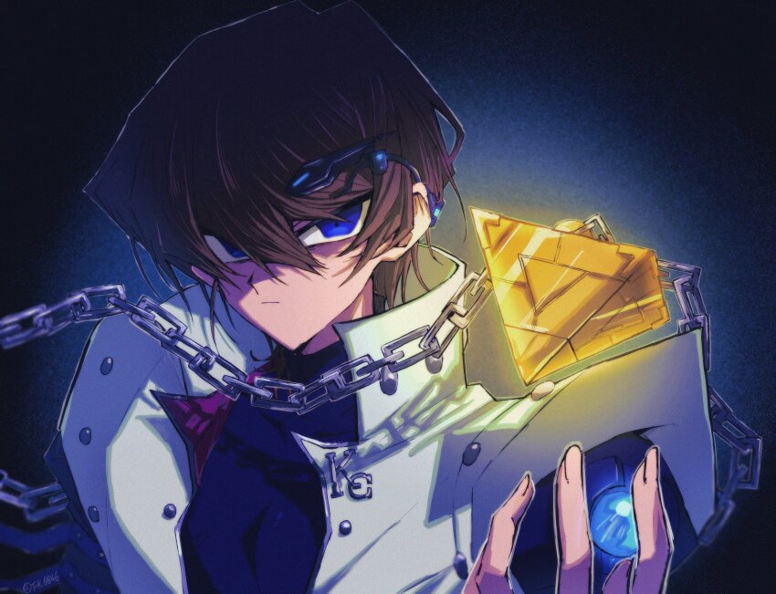 1boy absurdres black_shirt blue_eyes brown_hair chain coat dark_background fk_0046 highres kaiba_seto male_focus millennium_puzzle shirt simple_background solo upper_body white_coat yu-gi-oh! yu-gi-oh!_the_dark_side_of_dimensions