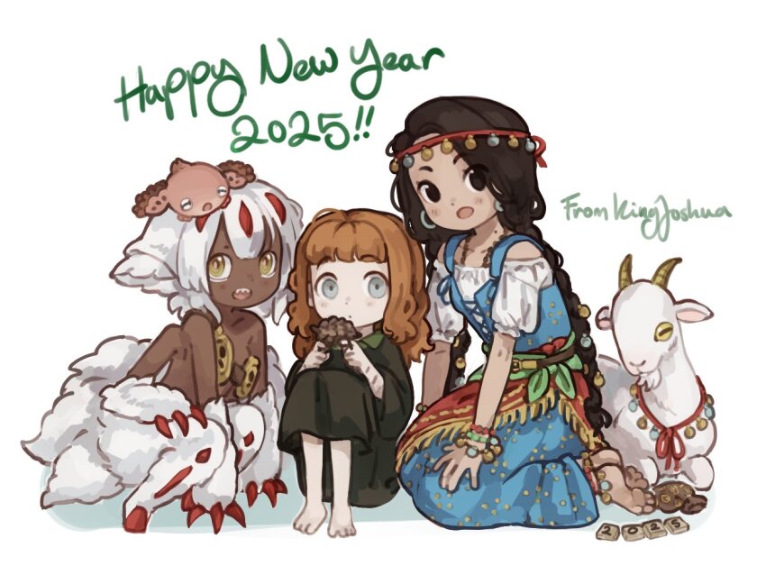 2025 3girls anklet artist_name bare_shoulders barefoot black_eyes black_hair black_robe blue_dress blunt_bangs bracelet braid closed_mouth commentary commentary_request creature_on_head crossover dark-skinned_female dark_skin djali dot_mouth dress english_commentary esmeralda_(disney) extra_arms faputa fear_&amp;_hunger_(series) fear_&amp;_hunger_1 goat grey_eyes hair_ornament hand_on_lap happy_new_year holding jewelry kingjoshua knees_up long_sleeves looking_at_viewer medium_hair meinya_(made_in_abyss) mixed-language_commentary mole mole_on_neck monster_girl multiple_bracelets multiple_girls new_year open_mouth orange_hair pinecone robe scar scar_on_arm short_hair short_sleeves simple_background sitting smile teeth the_girl_(fear_&amp;_hunger) the_hunchback_of_notre_dame twin_braids upper_teeth_only white_background white_hair yellow_eyes