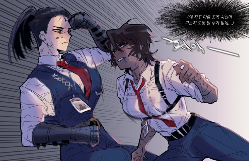 2girls belt black_eyes black_hair black_vest brown_hair chest_harness clenched_teeth collared_shirt dark-skinned_female dark_skin gauntlets genderswap genderswap_(mtf) harness heathcliff_(project_moon) high_ponytail highres id_card korean_commentary korean_text limbus_company looking_to_the_side messy_hair meursault_(project_moon) motion_lines multiple_girls multiple_scars necktie nyak_138 pants ponytail project_moon purple_eyes red_necktie scar scar_on_face scars_all_over shirt speed_lines straight_hair teeth too_many vest white_shirt