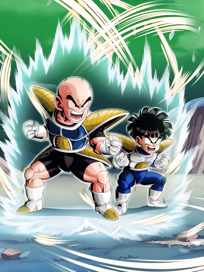 2boys absurdres anger_vein angry aura bald bald_male black_eyes black_hair dokkan_battle dragon_ball highres kuririn multiple_boys muscular muscular_male official_art powering_up saiyan_armor screaming serious son_gohan