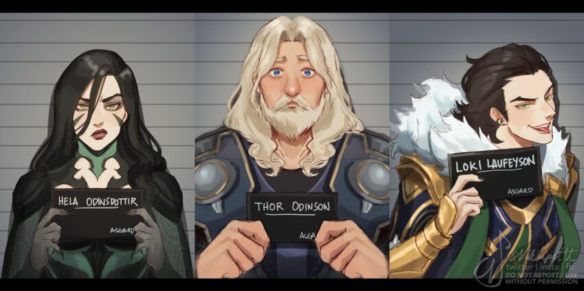 1girl 2boys :p barbie_mugshot_(meme) beard black_hair blonde_beard blonde_hair blue_eyes bodysuit cape card facial_hair full_beard green_cape green_eyes hela_(marvel) holding holding_card loki_(marvel) long_hair marvel marvel_rivals meme multiple_boys nikkipettt red_lips siblings superhero_costume thor_(marvel) thor_(marvel)_(series) tongue tongue_out