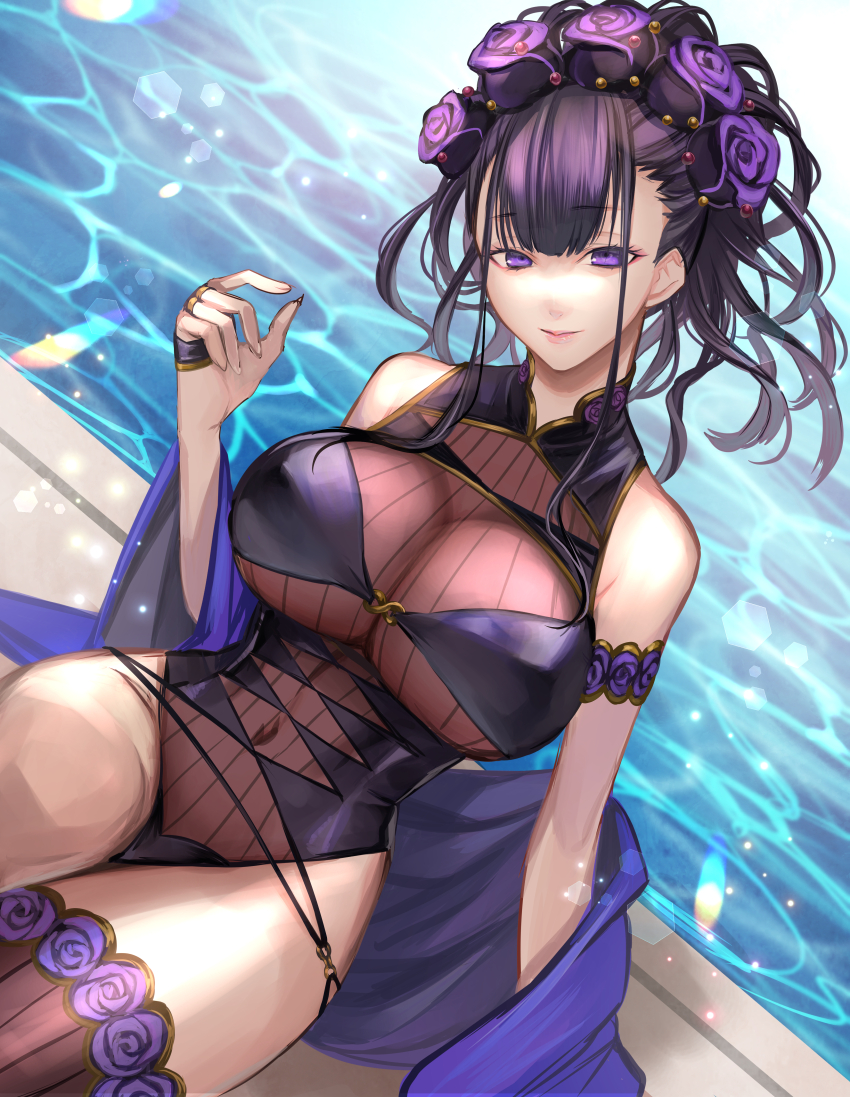 1girl absurdres armlet black_hair breasts covered_navel fate/grand_order fate_(series) flower hair_flower hair_ornament highres jewelry large_breasts murasaki_shikibu_(fate) murasaki_shikibu_(swimsuit_rider)_(fate) murasaki_shikibu_(swimsuit_rider)_(first_ascension)_(fate) one-piece_swimsuit pool poolside purple_eyes ri-ko smile swimsuit thighhighs water