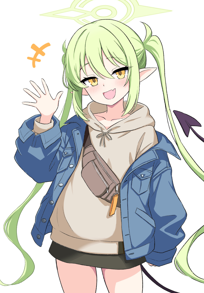 +++ 1girl :d absurdres arm_at_side black_skirt blue_archive blue_jacket blush brown_hoodie casual collarbone commentary cowboy_shot fang green_hair green_halo hair_between_eyes halo hand_up highres hood hood_down hoodie intron jacket long_hair long_sleeves looking_at_viewer nozomi_(blue_archive) nozomi_(mom&#039;s_touch)_(blue_archive) open_clothes open_jacket open_mouth outstretched_hand pointy_ears sidelocks simple_background skin_fang skirt smile solo tsurime twintails very_long_hair waving white_background wide_sleeves yellow_eyes