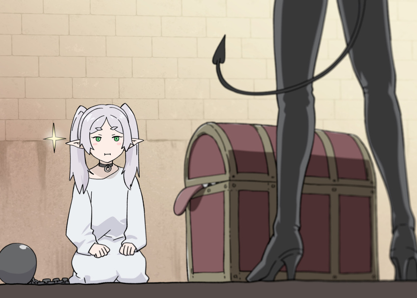 2girls alternate_costume ball_and_chain_restraint black_pantyhose blurry collar commentary_request cosplay crossover demon_girl demon_tail depth_of_field dress elf forehead frieren green_eyes grey_hair head_out_of_frame highres hime-sama_&quot;goumon&quot;_no_jikan_desu hime_(himesama_goumon) hime_(himesama_goumon)_(cosplay) indoors long_hair long_sleeves metal_collar mimic multiple_girls pantyhose parted_bangs pointy_ears pout prison_clothes prisoner season_connection seiza sidelocks sitting sousou_no_frieren sparkle tail thick_eyebrows torture_tortura treasure_chest twintails ueyama_michirou white_dress