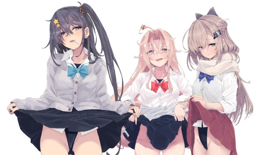 3girls ahoge alakoala aqua_bow aqua_bowtie black_hair black_one-piece_swimsuit black_skirt blue_bow blue_bowtie bow bowtie cardigan clothes_lift collared_shirt cowboy_shot dress_shirt drum_(kancolle) grey_cardigan grey_hair hair_ornament highleg highleg_one-piece_swimsuit kantai_collection long_hair multiple_girls one-piece_swimsuit one_side_up pink_hair pleated_skirt red_bow red_bowtie red_skirt scamp_(kancolle) scarf shirt simple_background skirt skirt_lift star_(symbol) star_hair_ornament swimsuit swimsuit_under_clothes wahoo_(kancolle) white_background white_scarf white_shirt