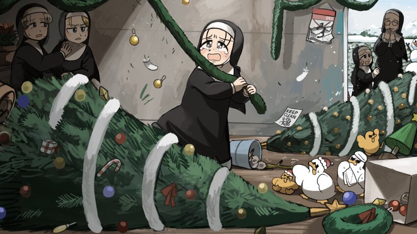 5girls aged_down baby_animal banana_peel bandaid bandaid_on_face bird black_hair blonde_hair blue_eyes bucket calendar_(object) chicken christmas_ornaments christmas_tree christmas_wreath commentary diva_(hyxpk) duck duckling english_commentary fallen_tree feathers freckles freckles_nun_(diva) glasses grey_hair habit highres lamp leaf_nun_(diva) little_nuns_(diva) messy mole mole_on_cheek mole_under_mouth mother_superior_(diva) multiple_girls nun round_eyewear slice_of_life smug_nun_(diva) snow snowman strict_nun_(diva) tears torn traditional_nun wreath