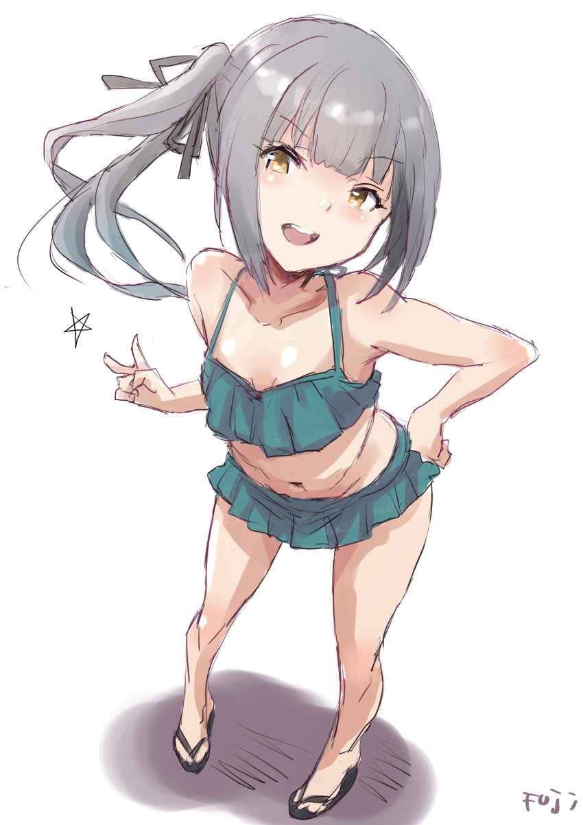 1girl bikini black_sandals collarbone commentary_request fuji_(pixiv24804665) full_body green_bikini grey_hair highres kantai_collection kasumi_(kancolle) kasumi_kai_ni_(kancolle) kasumi_kai_ni_(swimsuit)_(kancolle) looking_at_viewer navel open_mouth ruffle_bikini sandals side_ponytail simple_background sketch solo standing swimsuit teeth upper_teeth_only v white_background yellow_eyes