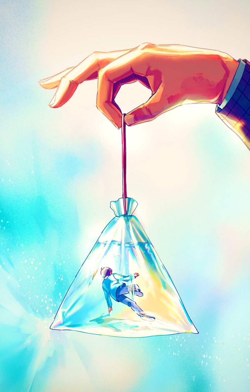 2boys fingernails floating hand_focus highres holding in_container light_rays male_focus maririnbo matsuno_osomatsu mini_person miniboy multiple_boys osomatsu-kun osomatsu_(series) plaid_clothes plaid_shirt shirt submerged sunbeam sunlight tougou_(osomatsu-kun) water_yoyo