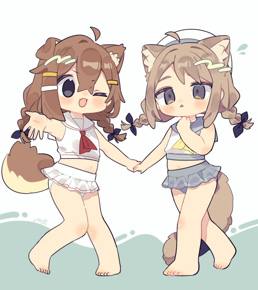2girls ;d ahoge animal_ear_fluff animal_ears barefoot bikini black_bow blue_eyes blush bow braid brown_hair commentary_request detached_ahoge dog_ears dog_girl fang full_body grey_bikini grey_eyes grey_sailor_collar hair_between_eyes hair_ornament hairclip hand_up hat highres holding_hands kipfel_(vrchat) long_hair looking_at_viewer mamehinata multiple_girls neckerchief notamaru_2 one_eye_closed open_mouth outstretched_arm red_neckerchief sailor_collar skin_fang smile standing swimsuit twin_braids vrchat white_bikini white_hat white_sailor_collar yellow_neckerchief
