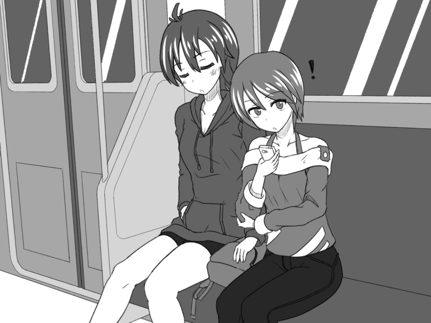 ! 2girls bare_shoulders bike_shorts blush breasts cellphone cleavage closed_eyes collarbone denim door female_focus greyscale hair_between_eyes halcyon_(halcyon90) hand_in_pocket hand_up holding holding_phone hood hoodie jeans legs_together looking_at_viewer monochrome multiple_girls off_shoulder open_mouth original pants phone shirt short_hair sitting sleeping small_breasts train_interior window