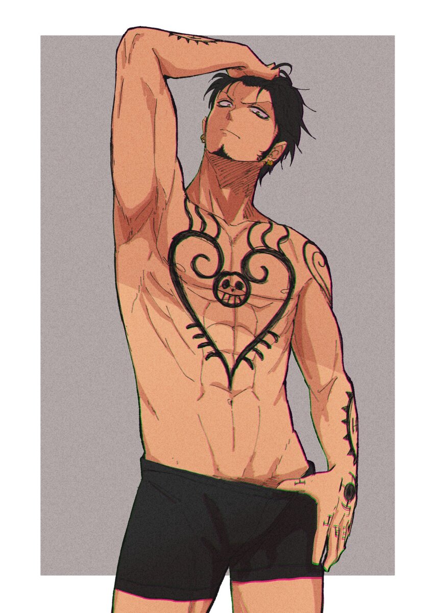 1boy abs arm_tattoo armpits black_boxer_briefs black_hair border boxer_briefs chest_tattoo chromatic_aberration collarbone cowboy_shot earrings facial_hair grey_background hand_on_own_head hand_tattoo highres jewelry koma_heron looking_at_viewer male_focus male_underwear one_piece outside_border sanpaku short_hair sideburns solo standing tattoo toned toned_male topless_male trafalgar_law underwear underwear_only v-shaped_eyebrows very_short_hair white_border