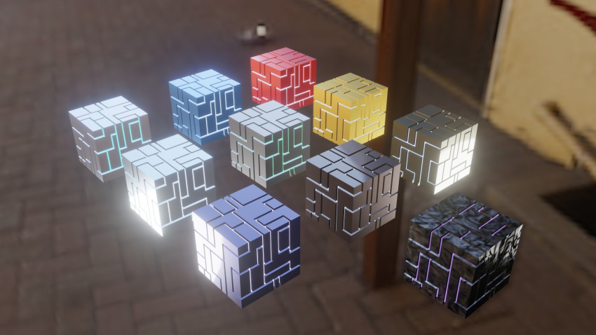 3d cube digimon digivice floating glowing highres metal no_humans side_to_side