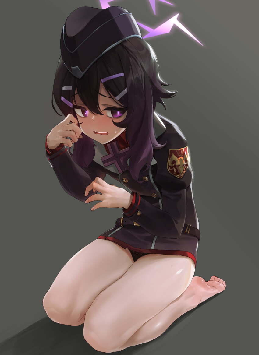 1girl absurdres barefoot black_hair black_jacket black_panties blue_archive blush commentary_request feet full_body garrison_cap gradient_hair grey_background hair_between_eyes hair_ornament hairclip halo haruka_(blue_archive) hat highres jacket korean_commentary long_sleeves mo_ne multicolored_hair panties purple_eyes purple_hair purple_hat short_hair_with_long_locks simple_background sitting solo sweat underwear