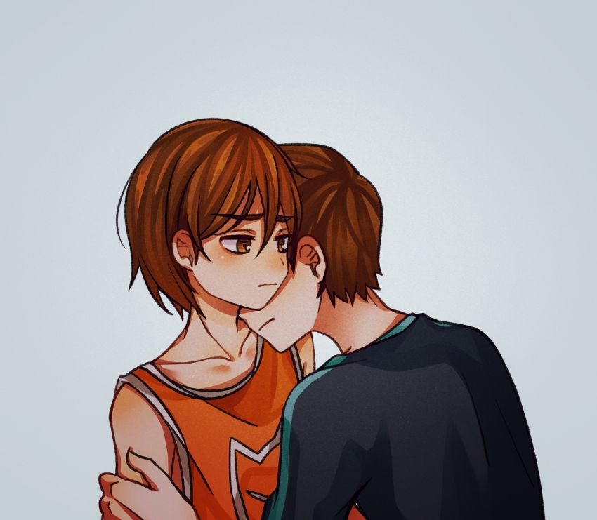 2boys bare_shoulders black_shirt brothers brown_eyes brown_hair closed_mouth collarbone commentary_request grey_background hair_between_eyes hand_on_another&#039;s_arm head_on_another&#039;s_shoulder hero_(faraway)_(omori) hero_(omori) highres kel_(faraway)_(omori) kel_(omori) linglanjunying male_focus multiple_boys omori orange_tank_top shirt short_hair siblings simple_background tank_top upper_body