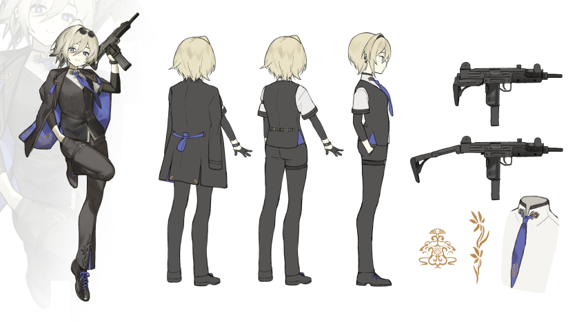 1girl ahoge black-framed_eyewear black_footwear black_gloves black_pants black_vest blonde_hair blue_necktie reference_sheet closed_mouth collared_shirt commentary ear_piercing eyewear_on_head finger_on_trigger floral_print from_behind from_side full_body gloves gun hand_in_pocket hand_up hands_in_pockets highres holding holding_gun holding_weapon jacket jacket_on_shoulders lapels long_sleeves looking_at_viewer magazine_(weapon) multiple_piercings multiple_views necktie open_clothes open_jacket original pants piercing purple_eyes purple_jacket seallllion shirt short_hair simple_background smile solo standing standing_on_one_leg submachine_gun suit_jacket sunglasses symbol-only_commentary tassel thigh_strap two-sided_fabric two-sided_jacket uzi variations vest watch weapon white_background white_shirt
