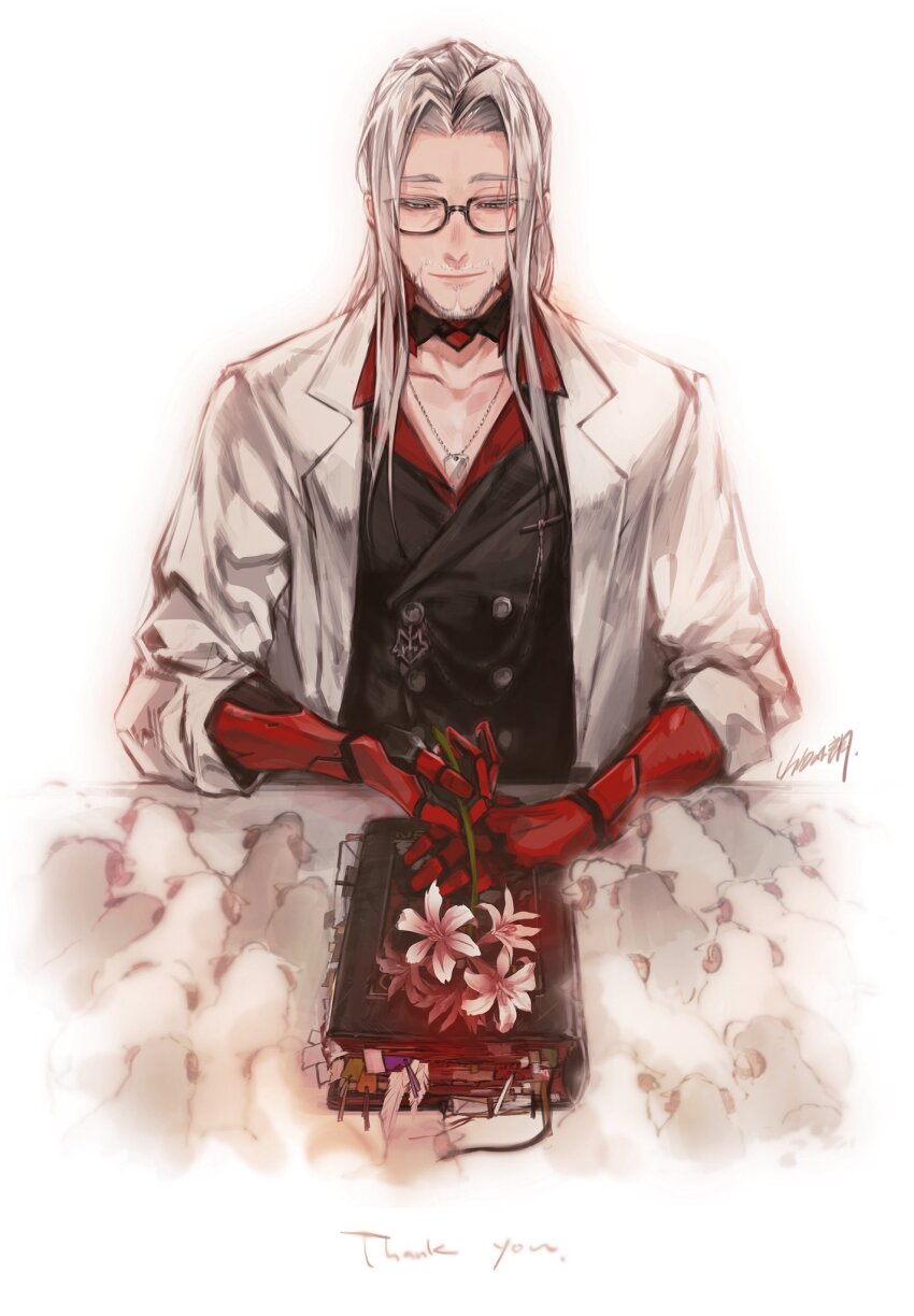 1boy beard book bookmark collarbone comfydant_(fulgur_ovid) commentary cyborg dog_tags facial_hair flower fulgur_ovid fulgur_ovid_(3rd_costume) glasses highres lab_coat light_smile long_hair looking_down male_focus nijisanji nijisanji_en sheep signature symbol-only_commentary thank_you virtual_youtuber white_background white_hair yamada_uiro