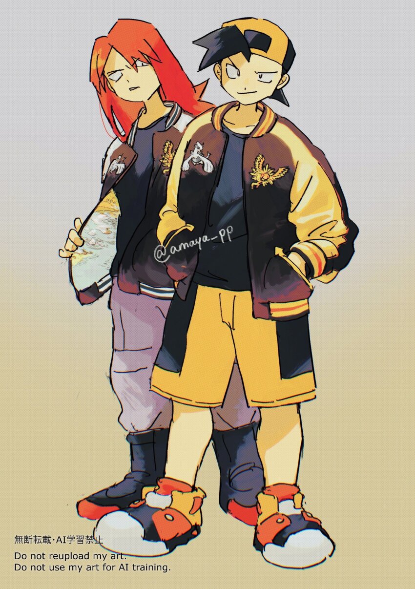 2boys amaya_uw backwards_hat baseball_cap black_hair ethan_(pokemon) grey_background hat highres jacket long_hair male_focus multicolored_background multiple_boys nintendo pants pokegear pokemon pokemon_gsc red_hair shirt shorts silver_(pokemon) smile standing turtleneck turtleneck_jacket yellow_background yellow_shorts