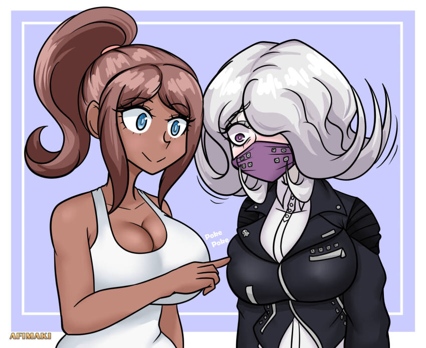 2girls afimaki asahina_aoi blue_eyes blush breast_poke breasts brown_hair cleavage danganronpa:_trigger_happy_havoc danganronpa_(series) danganronpa_3_(anime) dark-skinned_female dark_skin face_mask female_focus hair_over_one_eye highres huge_breasts kimura_seiko mask medium_hair multiple_girls poking ponytail purple_eyes simple_background tank_top upper_body white_hair yuri
