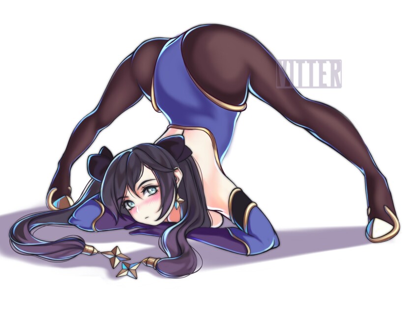 1girl artist_name ass black_hair blush breast_press breasts detached_sleeves genshin_impact gold green_eyes highres jack-o&#039;_challenge large_breasts long_hair looking_at_viewer mona_(genshin_impact) pantyhose serious shoes spread_legs twintails vitter