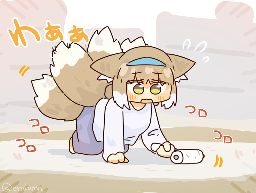 1girl all_fours arknights blue_pants brown_hair carpet casual chibi commentary extra_tails fox_girl fox_tail hairband highres kitsune kyuubi lcron lint_roller multiple_tails pants shirt solo suzuran_(arknights) tail white_shirt yellow_eyes