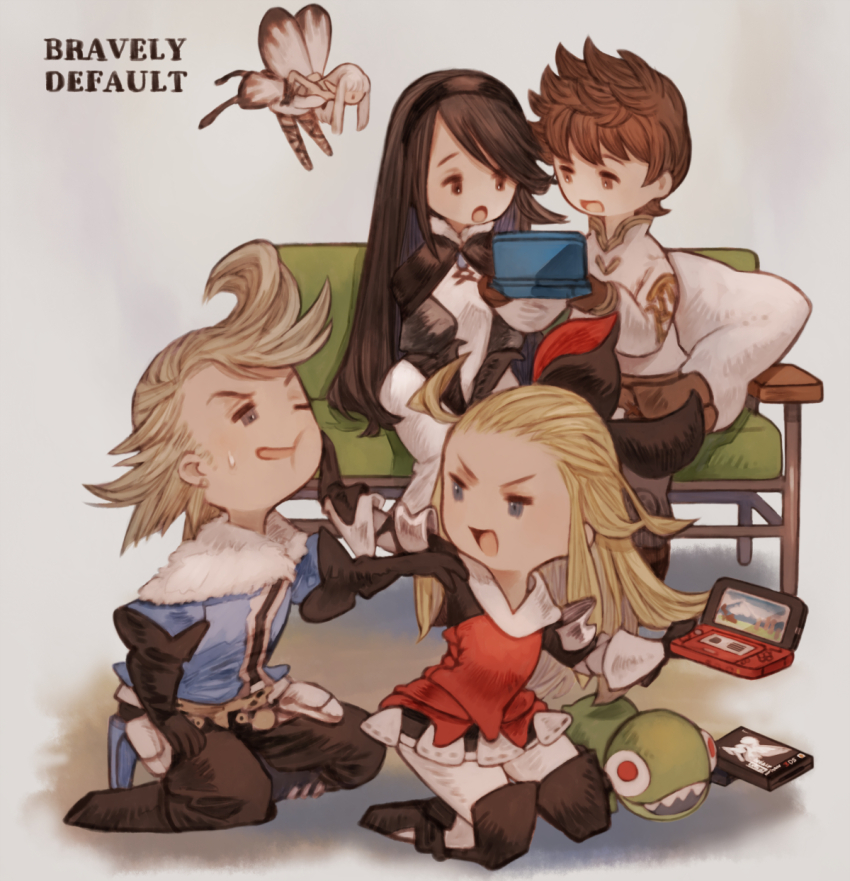 2boys 3girls :o agnes_oblige ahoge airy_(bravely_default) armor armored_dress black_gloves black_hair blonde_hair blue_eyes blue_shirt boots bow bravely_default:_flying_fairy bravely_default_(series) brown_eyes brown_hair butterfly_wings chibi copyright_name couch dress edea_lee elbow_gloves fairy fairy_wings faulds full_body fur_trim gloves hair_bow hairband handheld_game_console highres holding holding_handheld_game_console insect_wings irono16 long_hair long_sleeves mini_person minigirl multiple_boys multiple_girls nintendo_3ds on_couch on_floor open_mouth pillow pompadour pushing_away red_dress ringabel shirt short_hair sitting smile stuffed_toy sweatdrop thigh_boots tiz_arrior wings