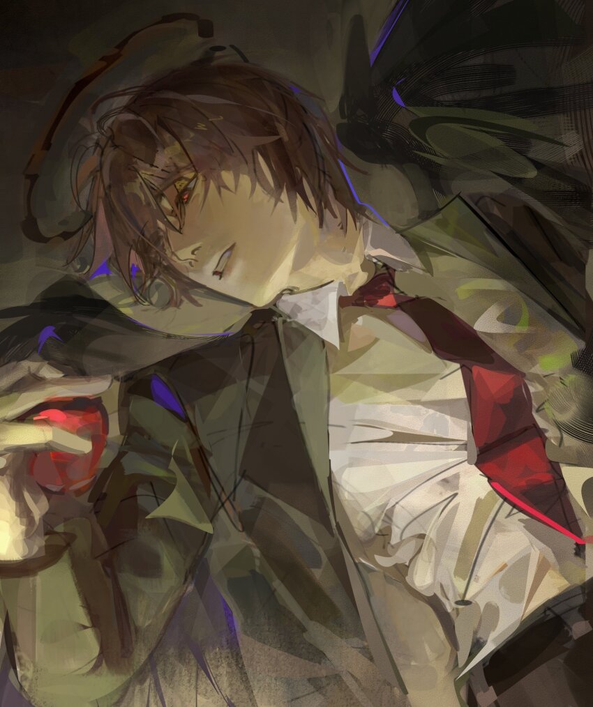 1boy apple black_wings brown_hair collared_shirt commentary death_note english_commentary food fruit halo highres holding holding_food holding_fruit jacket long_sleeves lying male_focus necktie on_back rain_(neporain) red_eyes red_halo red_necktie shirt short_hair solo suit_jacket teeth white_shirt wings yagami_light