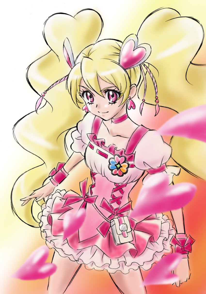 00s 1girl blonde_hair bow choker collarbone corset cowboy_shot cure_peach earrings female_focus fresh_precure! frills gradient_background hair_ornament heart heart_earrings heart_hair_ornament highres jewelry kagawa_hisashi long_hair miniskirt momozono_love pink_bow pink_eyes pouch precure puffy_short_sleeves puffy_sleeves ribbon short_sleeves simple_background skirt solo twintails very_long_hair wrist_cuffs wrist_ribbon