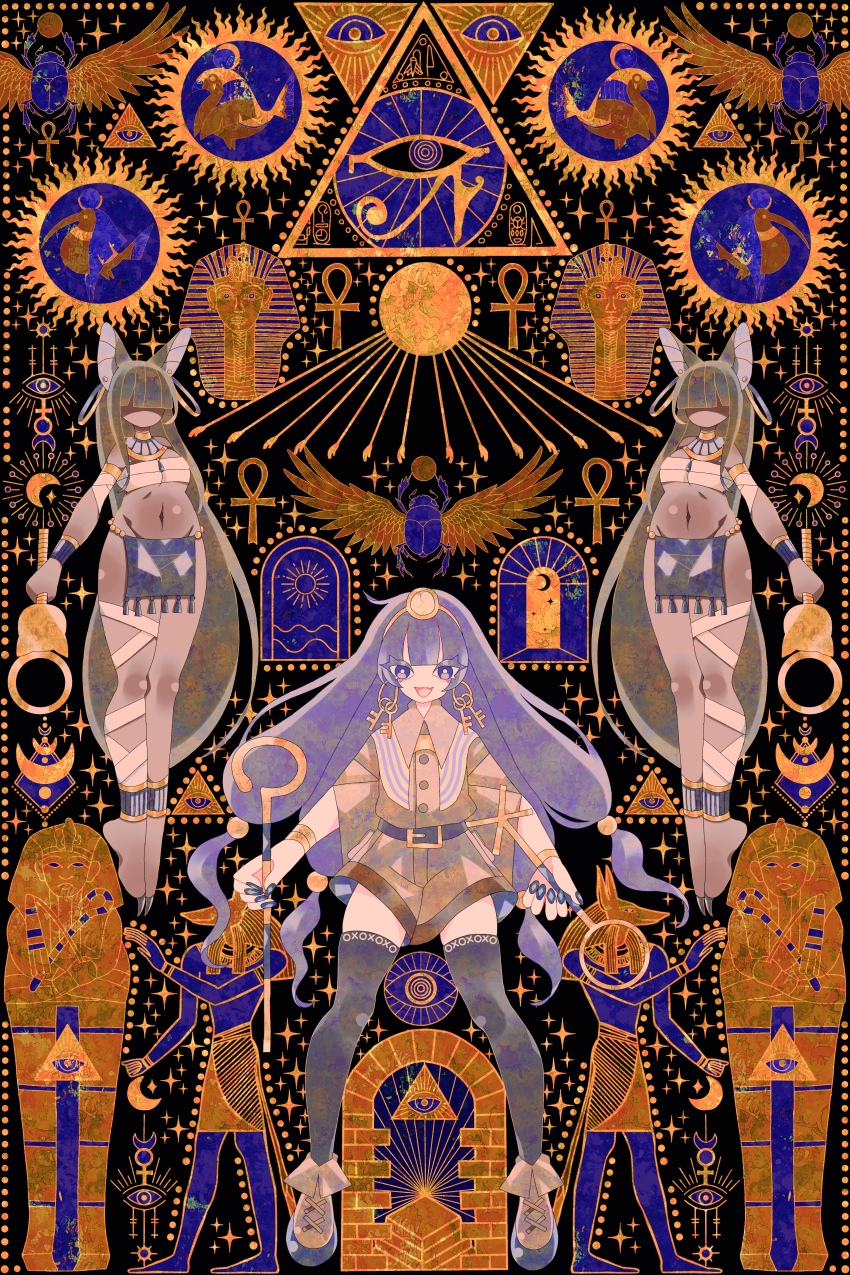 abstract abstract_background absurdres ancient_egyptian ancient_egyptian_clothes ankh black_hair black_thighhighs blue_eyes blue_hair boku_(isizakitakasi) boots brown_boots brown_shirt brown_shorts earrings eye_of_horus full_body gold_tiara highres holding holding_scepter jewelry key_earrings long_hair michigami_nareko nail_polish navel sarcophagus scarab scepter shirt short_sleeves shorts thighhighs touhou very_long_hair
